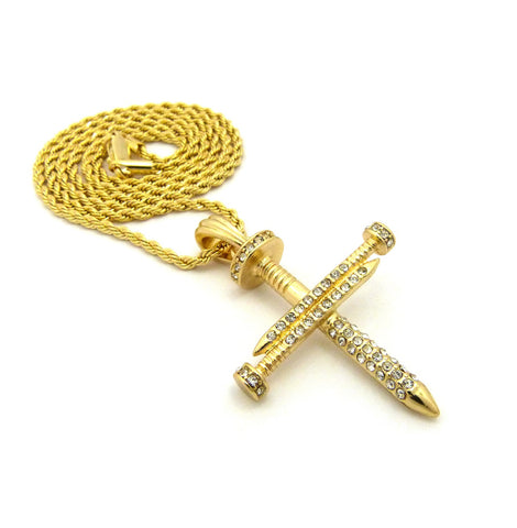 Nyfashion101 Studded Allover 3 Cross Nail Pendant W/ 2mm 24" Rope Chain Necklace In Gold-Tone