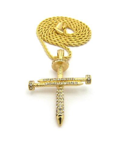 Nyfashion101 Studded Allover 3 Cross Nail Pendant W/ 2mm 24" Rope Chain Necklace In Gold-Tone