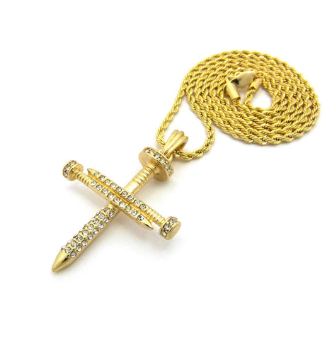 Nyfashion101 Studded Allover 3 Cross Nail Pendant W/ 2mm 24" Rope Chain Necklace In Gold-Tone