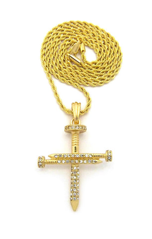 nyfashion101 Studded Allover 3 Cross Nail Pendant w/ 2mm 24" Rope Chain Necklace in Gold-Tone
