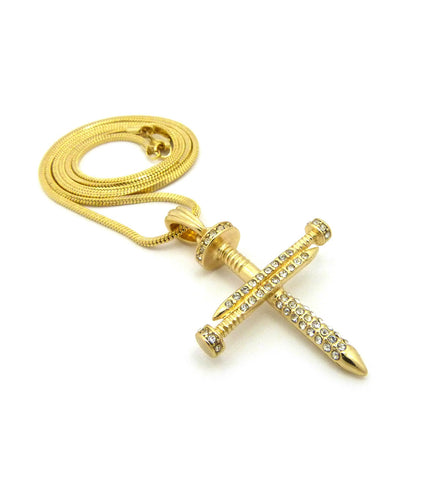 Nyfashion101 Studded Allover 3 Cross Nail Pendant W/ 2mm 24" Snake Chain Necklace In Gold-Tone