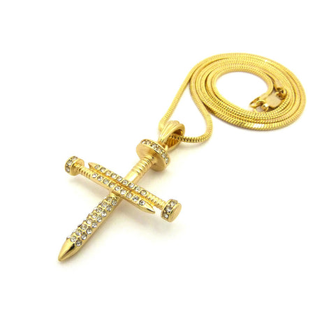 Nyfashion101 Studded Allover 3 Cross Nail Pendant W/ 2mm 24" Snake Chain Necklace In Gold-Tone