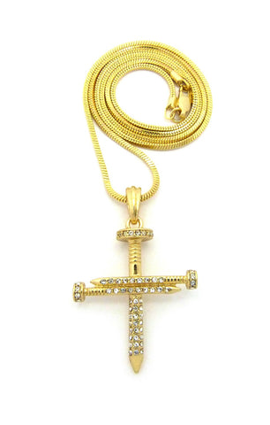 nyfashion101 Studded Allover 3 Cross Nail Pendant w/ 2mm 24" Snake Chain Necklace in Gold-Tone