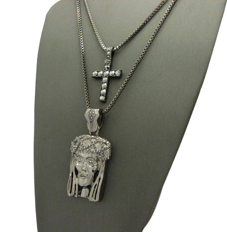 Nyfashion101 Studded Cross & Woven Crown Of Thorns Jesus Head Pendant Set W/Box Chain Necklaces Hematite-Tone