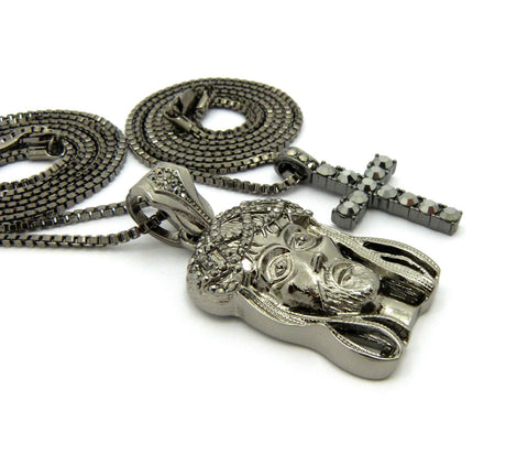 Nyfashion101 Studded Cross & Woven Crown Of Thorns Jesus Head Pendant Set W/Box Chain Necklaces Hematite-Tone