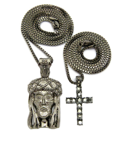 nyfashion101 Studded Cross & Woven Crown of Thorns Jesus Head Pendant Set w/Box Chain Necklaces Hematite-Tone
