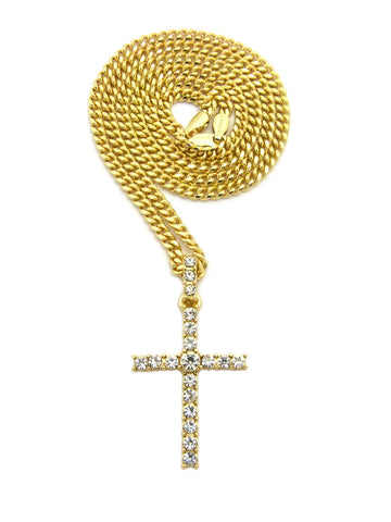 Nyfashion101 Studded Single Row Center Stone Cross Pendant Necklace Gold-Tone