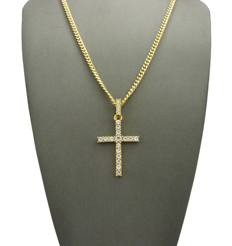 Nyfashion101 Studded Single Row Center Stone Cross Pendant Necklace Gold-Tone
