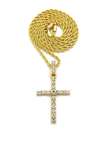 nyfashion101 Studded Single Row Center Stone Cross Pendant Necklace Gold-Tone