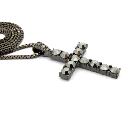 Nyfashion101 Studded Single Row Cross Pendant W/2mm 24" Box Chain Necklace Hematite-Tone