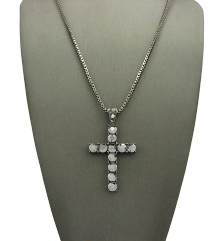 Nyfashion101 Studded Single Row Cross Pendant W/2mm 24" Box Chain Necklace Hematite-Tone