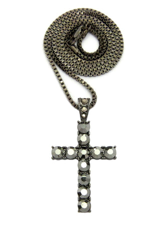 nyfashion101 Studded Single Row Cross Pendant w/2mm 24" Box Chain Necklace Hematite-Tone