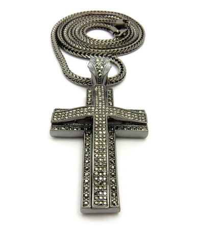 Nyfashion101 Superimposed Stone Stud Cross Pendant W/4mm 36" Franco Chain Necklace Hematite-Tone