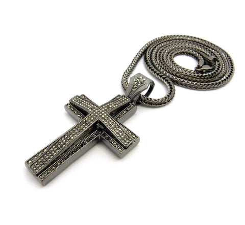 Nyfashion101 Superimposed Stone Stud Cross Pendant W/4mm 36" Franco Chain Necklace Hematite-Tone