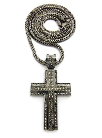 nyfashion101 Superimposed Stone Stud Cross pendant w/4mm 36" Franco Chain Necklace Hematite-Tone