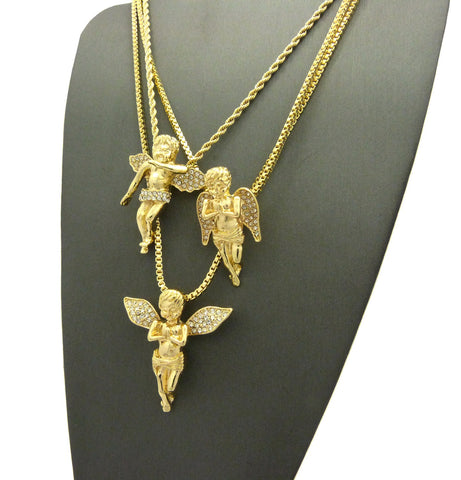 Nyfashion101 Triple Stone Stud Angel Wing Pendant Set With Box And Rope Chain Necklaces In Gold-Tone Be The First To Review This Item