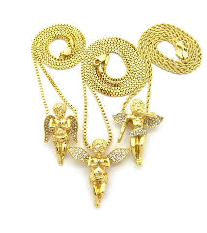 Nyfashion101 Triple Stone Stud Angel Wing Pendant Set With Box And Rope Chain Necklaces In Gold-Tone Be The First To Review This Item