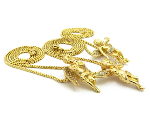 Nyfashion101 Triple Stone Stud Angel Wing Pendant Set With Box And Rope Chain Necklaces In Gold-Tone Be The First To Review This Item