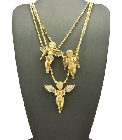 nyfashion101 Triple Stone Stud Angel Wing Pendant Set with Box and Rope Chain Necklaces in Gold-Tone Be the first to review this item