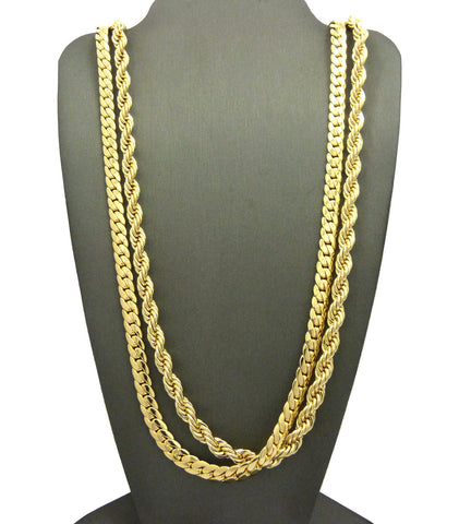 nyfashion101 Unisex Hip-Hop Style 6mm 30" Rope Chain and Miami Cuban Chain Necklaces in Gold-Tone