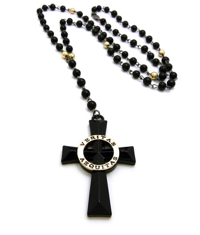 Nyfashion101 Veritas Aequitas Cross Pendant With 6mm 30" Black And Color Stone Bead Rosary Necklace