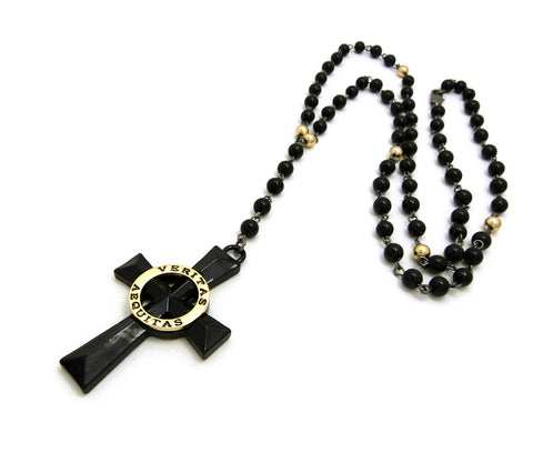 Nyfashion101 Veritas Aequitas Cross Pendant With 6mm 30" Black And Color Stone Bead Rosary Necklace
