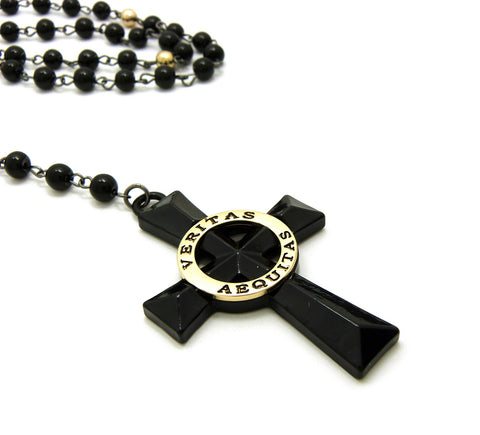 Nyfashion101 Veritas Aequitas Cross Pendant With 6mm 30" Black And Color Stone Bead Rosary Necklace