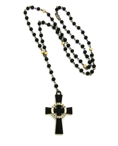 nyfashion101 Veritas Aequitas Cross Pendant with 6mm 30" Black and Color Stone Bead Rosary Necklace