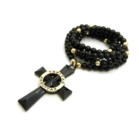 Nyfashion101 Veritas Aequitas Cross Pendant With 6mm 30" Stone Bead Rosary Necklace