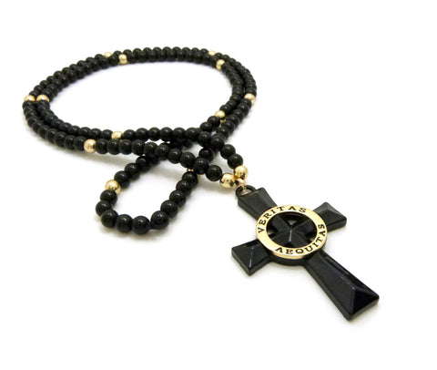 Nyfashion101 Veritas Aequitas Cross Pendant With 6mm 30" Stone Bead Rosary Necklace