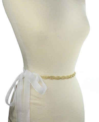 nyfashion101 Wavy 3 Row Rhinestone Link Sash Belt with Mesh Ribbon in Gold-Tone