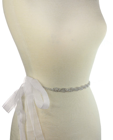 nyfashion101 Wavy 3 Row Rhinestone Link Sash Belt with Mesh Ribbon in Silver-Tone