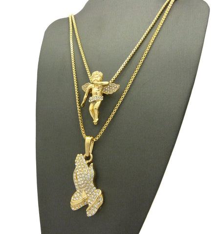 Nyfashion101 Wing Studded Flying Angel & Stone Stud Praying Hands Pendant Set W/ 2mm Box Chains In Gold-Tone