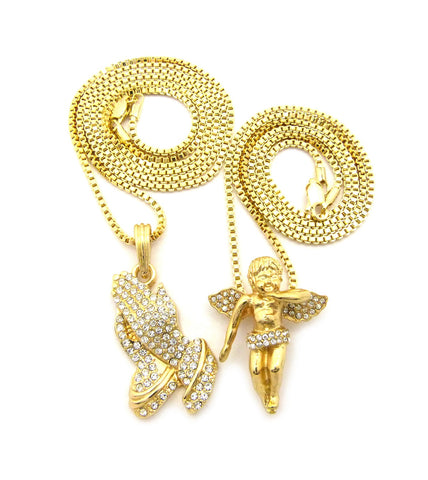 Nyfashion101 Wing Studded Flying Angel & Stone Stud Praying Hands Pendant Set W/ 2mm Box Chains In Gold-Tone