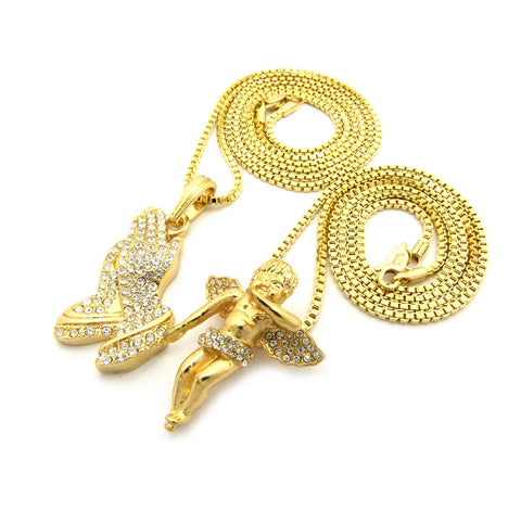 Nyfashion101 Wing Studded Flying Angel & Stone Stud Praying Hands Pendant Set W/ 2mm Box Chains In Gold-Tone