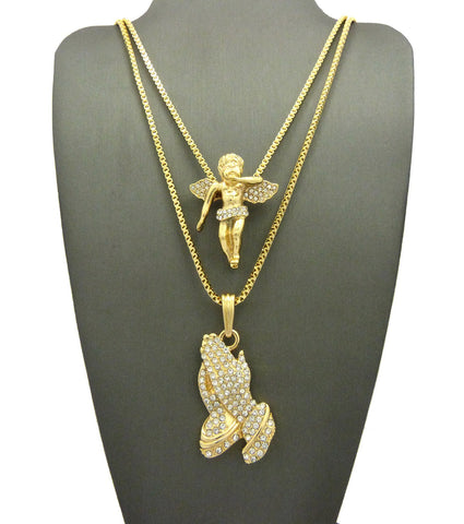 nyfashion101 Wing Studded Flying Angel & Stone Stud Praying Hands Pendant Set w/ 2mm Box Chains in Gold-Tone