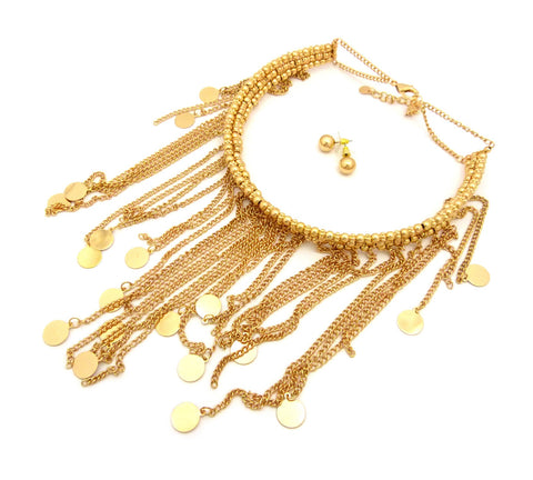 Nyfashion101 Women's Bohemian Dangling Coin Tassel Necklace And Ball Earring Set In Gold-Tone