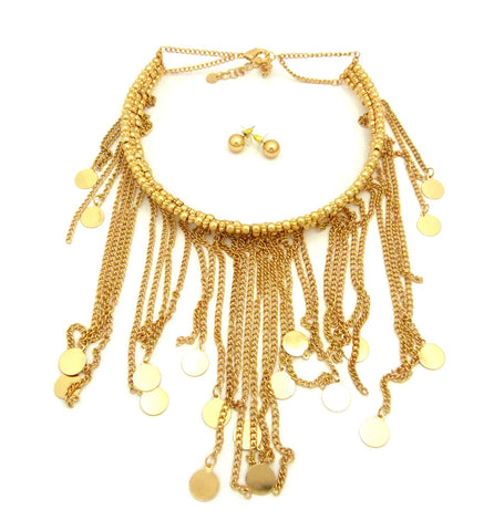 nyfashion101 Women's Bohemian Dangling Coin Tassel Necklace and Ball Earring Set in Gold-Tone