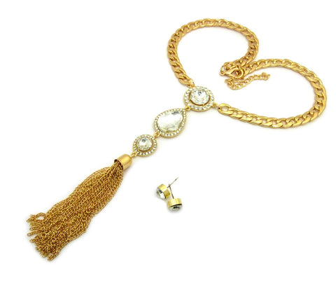 Nyfashion101 Women's Bohemian Dangling Multi Gemstone Tassel Necklace And Ball Earring Set In Gold-Tone