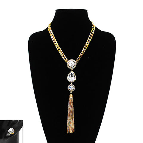 Nyfashion101 Women's Bohemian Dangling Multi Gemstone Tassel Necklace And Ball Earring Set In Gold-Tone