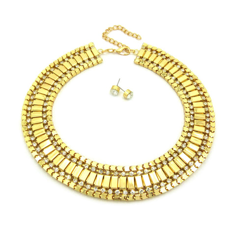 nyfashion101 Women's Bohemian Rhinestone Metal Link Necklace and Pierced Earring Set in Gold-Tone