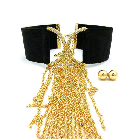 Nyfashion101 Women's Elastic Choker Dangling Waterfall Necklace And Ball Earring Set In Gold-Tone