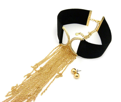 Nyfashion101 Women's Elastic Choker Dangling Waterfall Necklace And Ball Earring Set In Gold-Tone