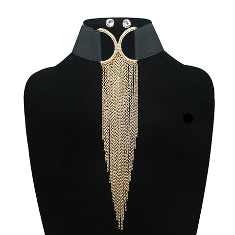 Nyfashion101 Women's Elastic Choker Dangling Waterfall Necklace And Ball Earring Set In Gold-Tone