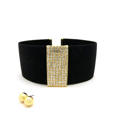 nyfashion101 Women's Elastic Choker Rhinestone Center Necklace and Ball Earring Set in Gold-Tone