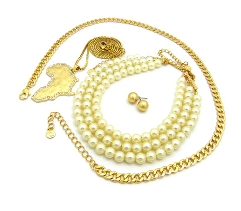 Nyfashion101 Women's Fashion Africa Pendant Earring And Simulated Pearl Necklace Set In Gold-Tone