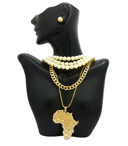 nyfashion101 Women's Fashion Africa Pendant Earring and Simulated Pearl Necklace Set in Gold-Tone