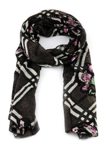 Nyfashion101 Women's Lightweight Plaid W/ Flower Design Scarf- FLORA
