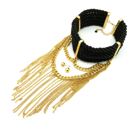 Nyfashion101 Women's Rope Collar Choker Dangling Tassel Necklace And Ball Earring Set In Gold-Tone