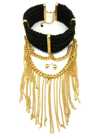 Nyfashion101 Women's Rope Collar Choker Dangling Tassel Necklace And Ball Earring Set In Gold-Tone
